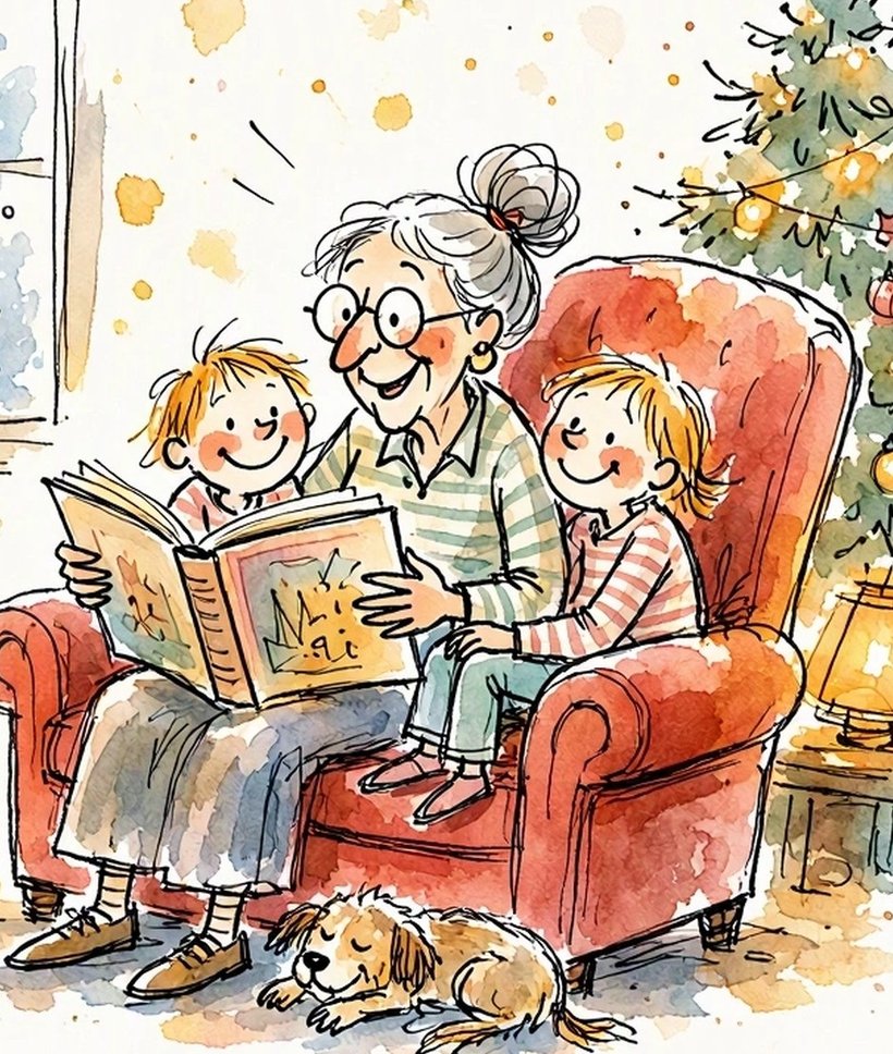 A grandmother reads a Christmas storybook to two children by the tree, illustration from 25 Christmas Stories for Kids