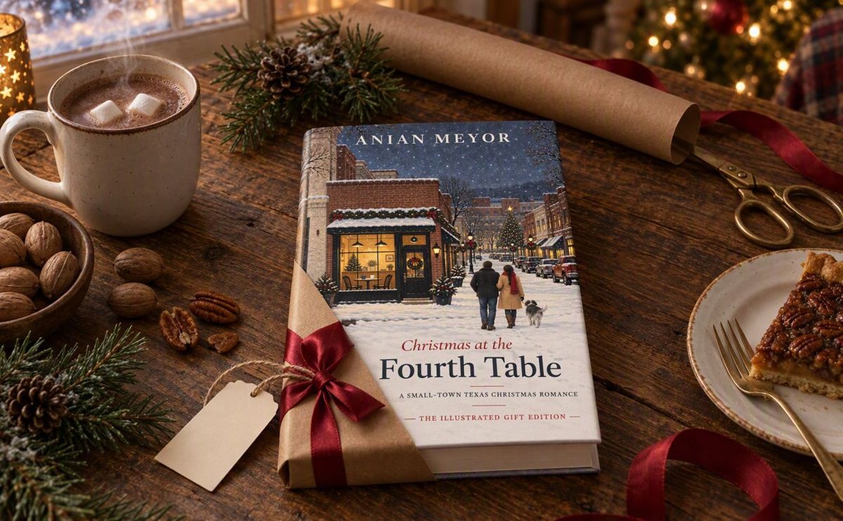 An illustrated hardcover wrapped with a red ribbon
