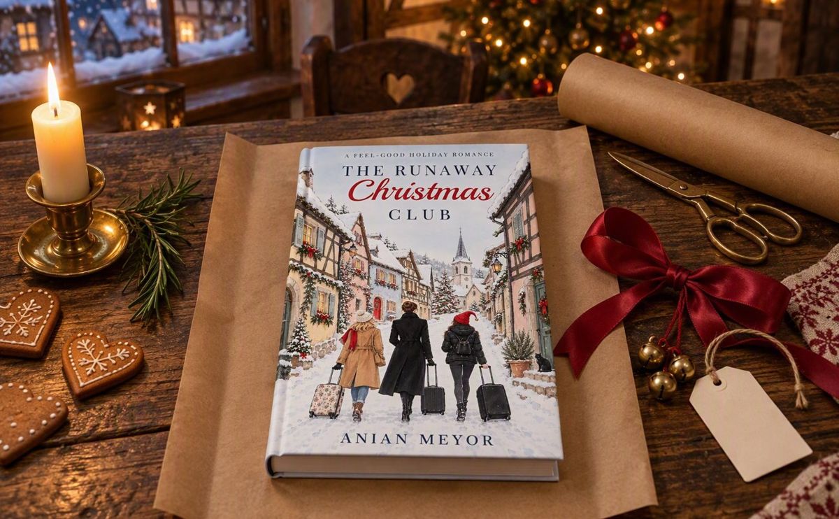 The Runaway Christmas Club in hardcover with a red ribbon, bells and a candle