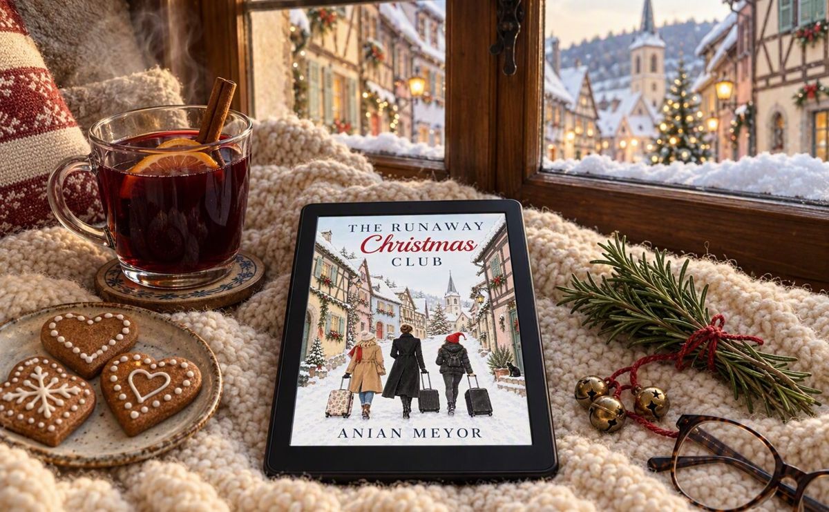 The Runaway Christmas Club on a Kindle on a knitted blanket with mulled wine and gingerbread