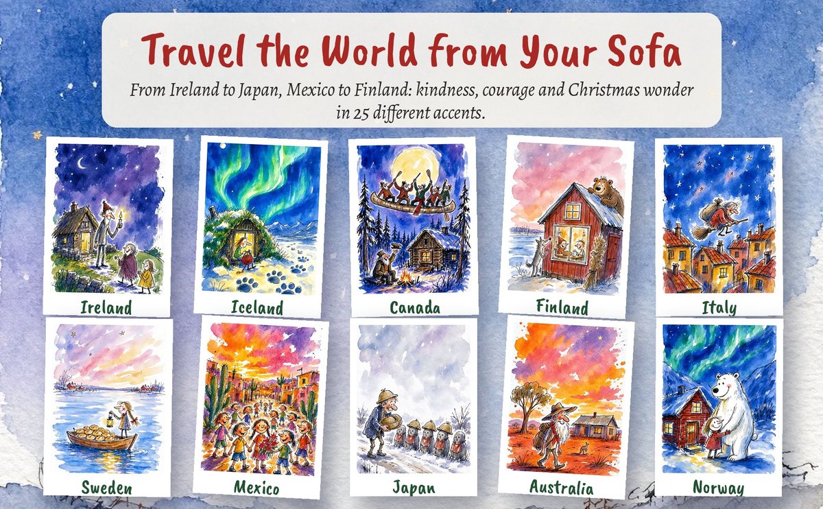 Ten watercolor story openings from the book, from Ireland and Iceland to Mexico and Japan