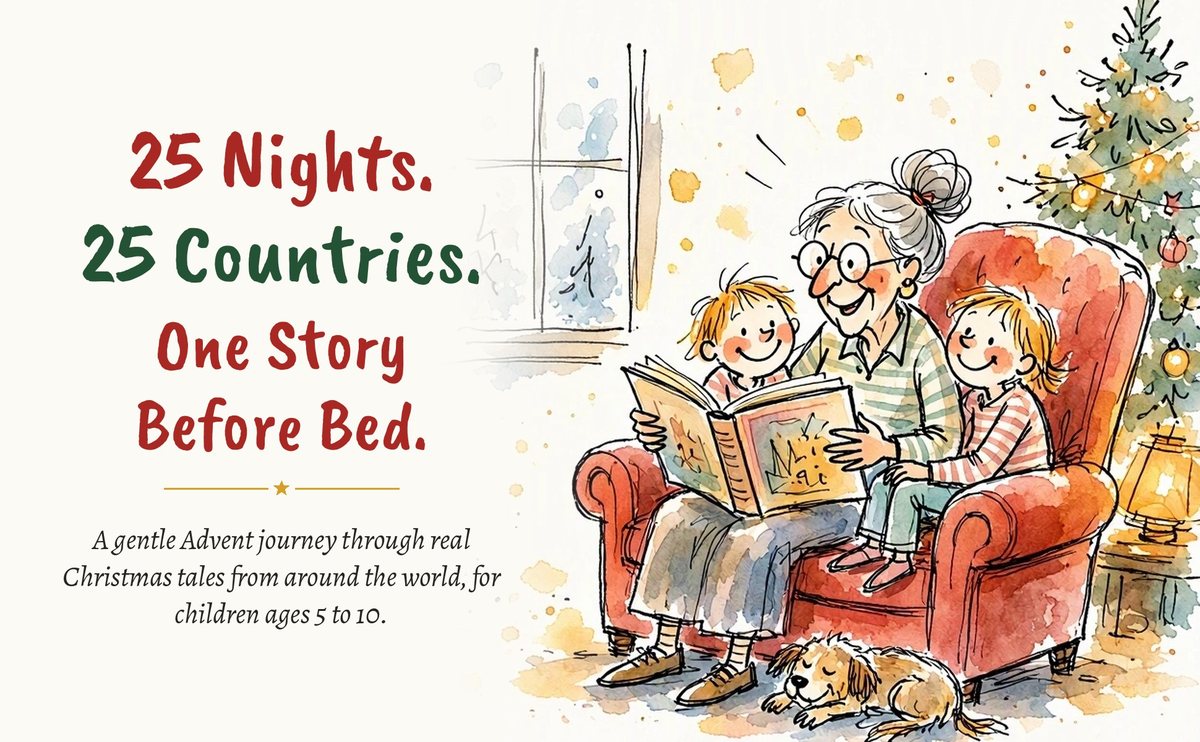 A grandmother reads a Christmas storybook to two children in a red armchair by the tree