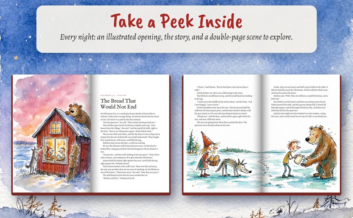 Inside the book: a watercolor opening, the story text and a double-page scene